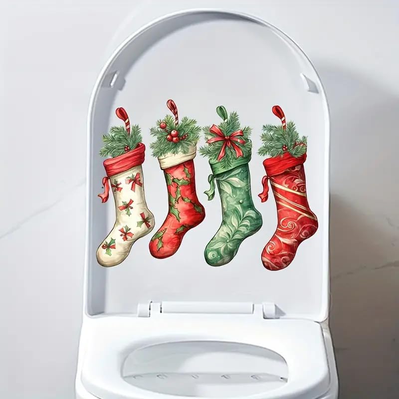 DIDOSOFT Christmas Stocking Toilet Cover Sticker Decals,Fish Bird Flower Leaf Waterproof Toilet Lid Tank Seat Decals Cistern Self-Adhesive Bathroom Wall Sticker - Image 2